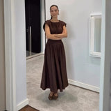 New Sweet Pure Want To Collect Waist Thin A Word French Girl Folds Splicing Short Sleeve Long Dress