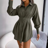 Wind Shooting Spring And Summer Leisure Lantern Sleeves Waist Asymmetric Dress Shirt Dress Women's