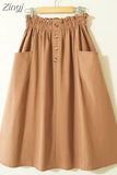 Women Summer Skirt Spring Korean Style Casual Solid High Waist A-Line Midi Skirts With Pocket Girls Elegant