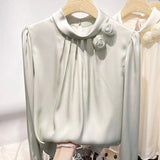 Zingj Temperament Shows Thin Three-Dimensional Flower Pure Color Set Jacket Female Spring New Long Sleeve Satin Simulation Silk