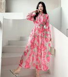 Women's Autumn Dress French Bubble Sleeves Long Heavy Industry Pressure Folds High-Grade Chiffon Floral Fall-In-Action