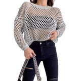 Spring And Summer New Knitted Shirt Horn Sleeve Loose Round Collar Hollow Sweater