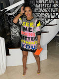 Women Letter Sequins O-neck Half Sleeve Tee Style Slim Dress 2023 Summer Sexy Club Street Elegant Pencil Dresses