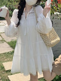 White Lace Dress Women Hollow Out Mini Dress Female Elegant Sweet Dress Ladies Long Sleeve V Neck Lace Up