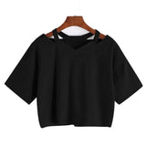 Zingj Wind Open Shoulder Hollow Out Sexy Solid Color T-Shirt V Collar Women's Short-Sleeved Loose Female