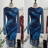Vintage Tie-Dye Printing Irregular Folded Mesh Yarn Body-Body-Sleeve Dress