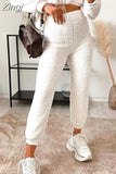 Fashion Warm White Fluffy Lamb Wool Pencil Pants High Waist Sweatpants Thick Autumn Winter Trousers Female