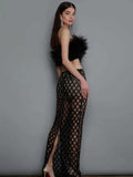 Luxury Sequins Feather Strapless Top+ Skirt Two Piece Set White Black Off Shoulde Sequins Mesh Splice Bodycon Two Piece