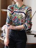 Womens Shirts Chiffon Floral Shirts Stand-up Collar Long-sleeve Blouse Women Elegant Button Up Shirt Fashion Ladies