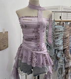 Shooting Spice Girls Irregular Lotus Leaf Side Ribbon With Non-Slip Strip Mesh Printing Chest Vest
