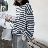Zingj 2024 New Korean Women's Striped Long-Sleeved T-Shirt Female Top Students Thin Loose Round Collar Hoodie