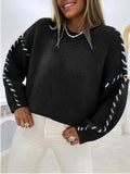 Leisure Pure Color Round Collar Knitted Shirt Wear Rope Design Loose Lanky Long Sleeve Sweater Female