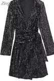 Black Sequin Dress Woman Glitter Velvet Blazer Dress Women Long Sleeve Short Dresses Autumn Winter Elegant Party
