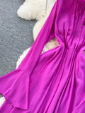 Vintage Purple/Green/Orange Long Dress Women Elegant Stand Collar Flare Sleeve High Waist A-Line Slim Tie Flower
