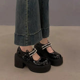 Pearl Bow Waterproof Table Coarse Heel Shoes Wear 2025 New Early Autumn Shoes Head