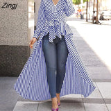 Women Striped Long Sleeve Irregular Deep V-Neck Casaul Blouse With Belt High Low Tunic Spring Autumn