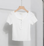 Explosion Recommended Spice Girls Shoulder Short Sleeve T-Shirt Girl Summer Body Tight Short Buckle Buckle Coat