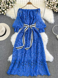 Autumn Vintage Women Hollow Out Lace Party Dress Sexy Slash Neck Off Shoulder Lantern Sleeve High Waist Vestidos 2023