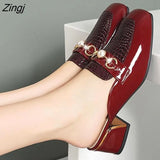 Women Baotou Half Slippers 2023 Fashion Metal Chain Square Toe Thick Heel British Style Office Casual Shoes Spring