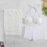 Pure White Mesh Hollow Timeter Strap Bikini Half-Body Skirt Three-Piece Set 2025 New Split