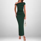 Summer Women's Temperament Elegant Fashion Sexy Solid Color Oblique Shoulder High-Waisted