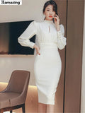 Women Elegant Bodycon White Dress Female Korean Style Pencil Vestdios Casual Lady Sexy Party