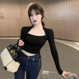 Zingj Square Collar Bottom Shirt Female Design Sense Niche 2023 Autumn Outfit With Long-Sleeved T-Shirt Slim Draw Rope Top