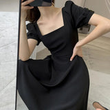 Zingj Summer New Retro Hepburn Wind Little Black Dress Fat Sister Waist Show Thin Square Collar Dress Women's