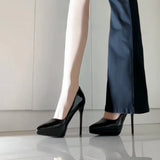New Black Patent Leather Waterproof Table High Heels Female Hairy Temperament Fine Heel Sexy Professional Single