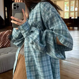 Long-Sleeved Lake Blue Plaid Shirt For Women's Summer New Retro Loose Niche Lazy Sunscreen