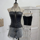 Babes Hollow Strapped Braped Pu Skin Top Female Tight Sexy Short Hanging Neck Vest