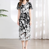 Banquet Famous Wind V-Neck Short-Sleeved Body-Brace Three-Dimensional Flower Lace Dress 2025