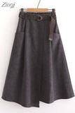 Women Elegant Chic Split Midi Skirt Autumn Winter Solid Elastic High Waist Casual Office Lady A Line Long