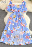Women Irregular Printed Dress Vintage Square Collar Puff Short Sleeve High Waist A-Line Slim Vestidos Elegant New