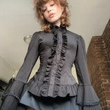 Dark Wind Goth Sister To Close The Waist Wood Ear Lake Trumpet Sleeve Shirt Hottie Personality Slim Thin