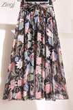 Women Summer Floral Print Chiffon Girls Spring Korean A-Line High Waist Ladies Elegant Office Holiday Midi