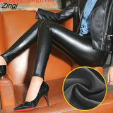 Women Winter Warm Thicker Aesthetic PU Elegant Sexy Skinny All-match Casual Womens Trousers Solid Simple Ladies