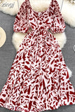 Women Printed Long Dress Vintage V-Neck Puff Short Sleeve A-Line Slim Vestidose Female Elegant Casual Robe New