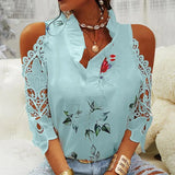 Hollow Out Printed Blouses V-Neck Short Sleeve Lace Shirts Summer Female Strapless Blouse Women Casual Tops Elegant