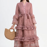 Elegant Gentle Wind Horn Sleeve Hollow Lace Splicing Cake Dress Women's Waist Thin
