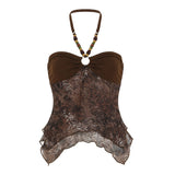 Girl Style Retro Print Bead Hanging Neck Sling Summer Mesh Spliced Ancient Collar Vest Blouse Female