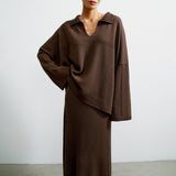 Brown Hollow Knitted Sweater Female Overturned Bat Sleeve Top High Waist Half-Dress Autumn And Winter Languid