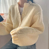 Round Neck Lantern Sleeve Knitted CardiganOutfit