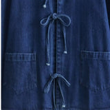 Women's Spring New Collar Bows Decorated With Long-Sleeved Pocket Wash Denim Shirt Pocket