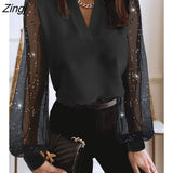 Elegant Office Lady Workwear Blouse V Neck Sheer Mesh Long Lantern Sleeve Womens Top Solid Casual T-Shirts Female
