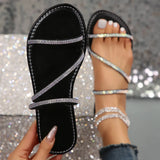 Zingj Summer Flat Slippers Women Wear A Line Round Head Rhinestone Simple And Lightweight Beach