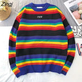 Women Winter Loose Crewneck Rainbow Striped Sweater Ulzzang Chic Hot Selling Knitwear Jumper New Sweet Girl Trendy