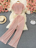 Vintage Red/Pink/Black Pleated Two Piece Set Women Casual O-Neck Short Sleeve Tops + Loose Pants Suit Female