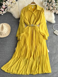 Autumn Women Turn-Down Collar Pleated Long Dress Vintage Single Breasted Lantern Sleeve High Waist Draped Maxi Robe