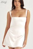 Spaghetti Strap Satin Birthday Party Dresses Women Sleeveless White A Line Dress Mini Holiday Summer Dresses